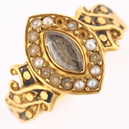 112 - An early 20th century 18ct gold pearl marquise memorial ring, with central glass panel surrounded by... 