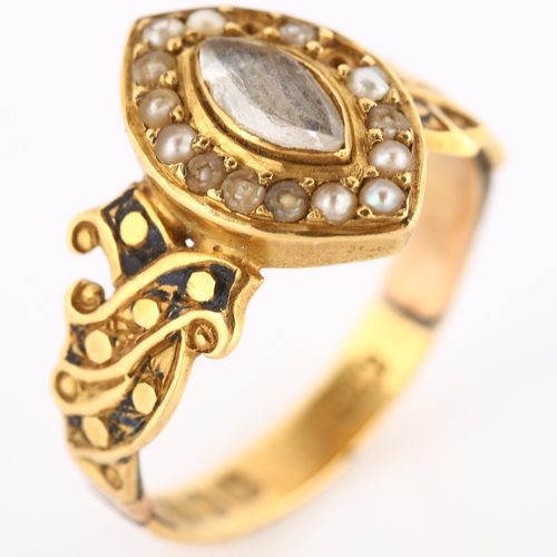 112 - An early 20th century 18ct gold pearl marquise memorial ring, with central glass panel surrounded by... 