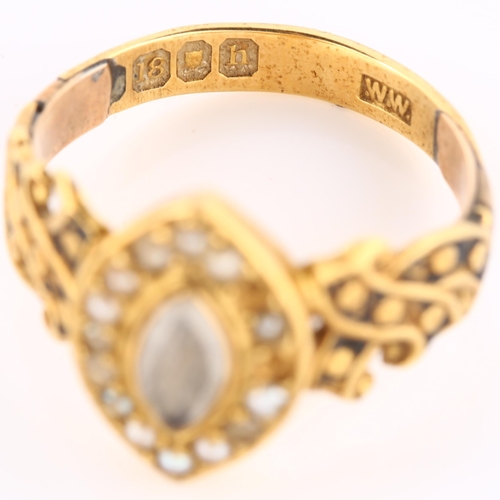 112 - An early 20th century 18ct gold pearl marquise memorial ring, with central glass panel surrounded by... 