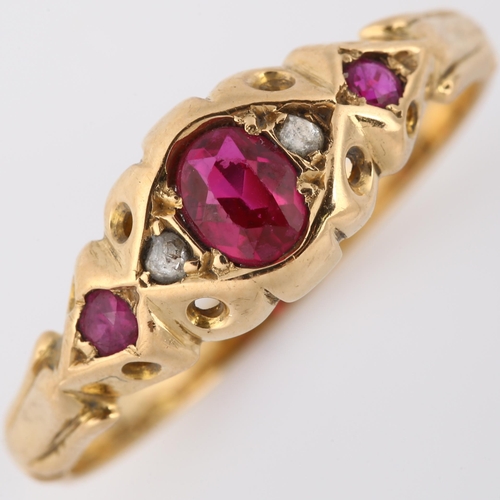 123 - An early 20th century ruby and diamond dress ring, unmarked gold settings with oval mixed-cut ruby a... 