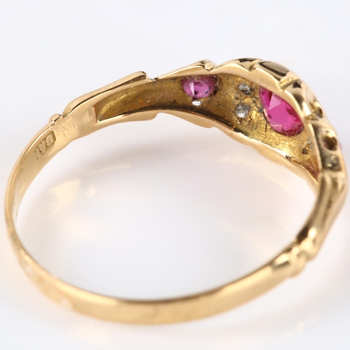 123 - An early 20th century ruby and diamond dress ring, unmarked gold settings with oval mixed-cut ruby a... 