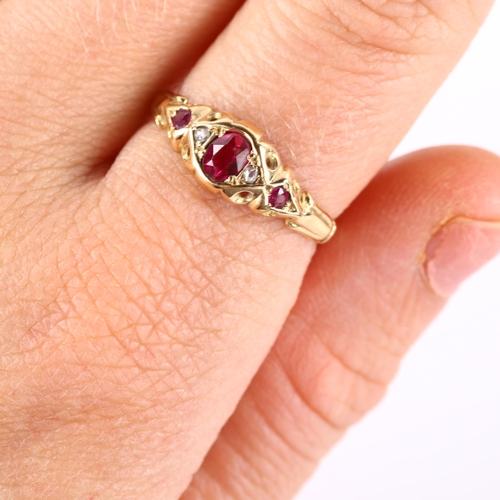 123 - An early 20th century ruby and diamond dress ring, unmarked gold settings with oval mixed-cut ruby a... 