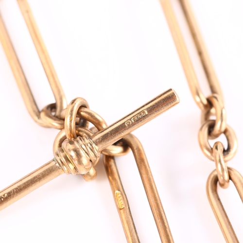 128 - An Antique 9ct rose gold trombone link Albert chain necklace, with 9ct dog clip T-bar and gilt-metal... 