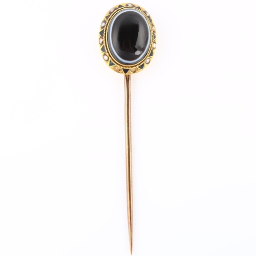 131 - A 19th century banded agate and pearl memorial stickpin, unmarked gold settings with oval cabochon a... 