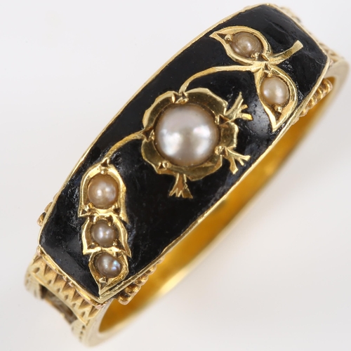 133 - A 19th century 15ct gold pearl and black enamel memorial ring, with split pearl floral design and en... 