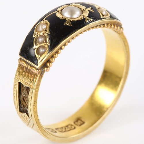 133 - A 19th century 15ct gold pearl and black enamel memorial ring, with split pearl floral design and en... 