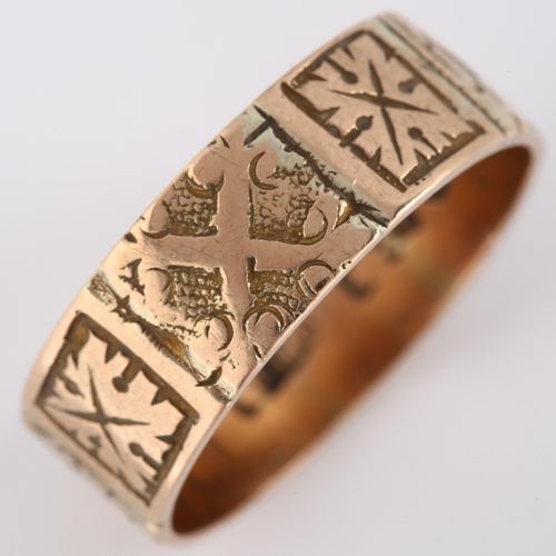 135 - A 19th century 9ct rose gold wedding band ring, with allover engraved decoration, indistinct maker's... 