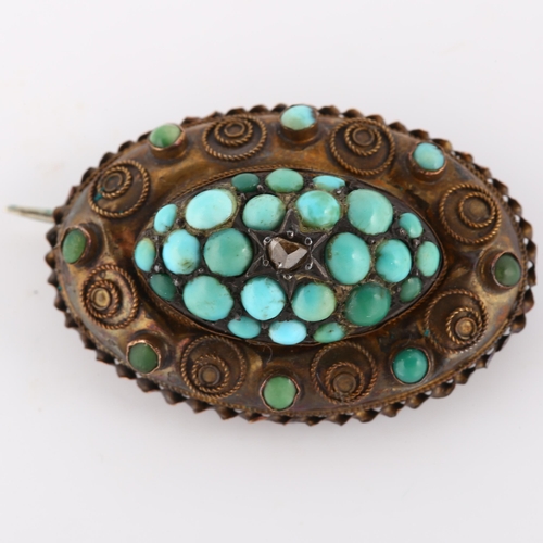 140 - A 19th century 15ct gold turquoise and diamond bombe memorial brooch, set with cabochon turquoise ro... 