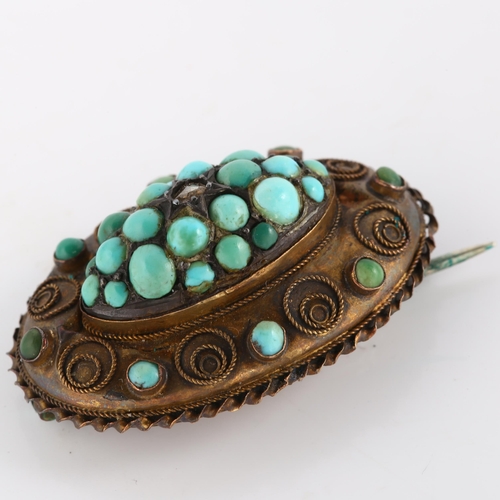 140 - A 19th century 15ct gold turquoise and diamond bombe memorial brooch, set with cabochon turquoise ro... 