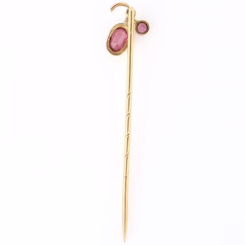 141 - A 19th century 9ct rose gold garnet berry stickpin, stickpin head length 11.2mm, overall length 49.3... 