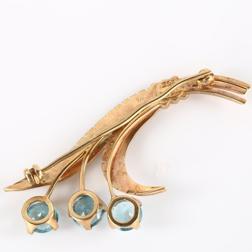 142 - A late 20th century 9ct rose gold blue zircon floral spray brooch, maker's marks TF and S, brooch le... 