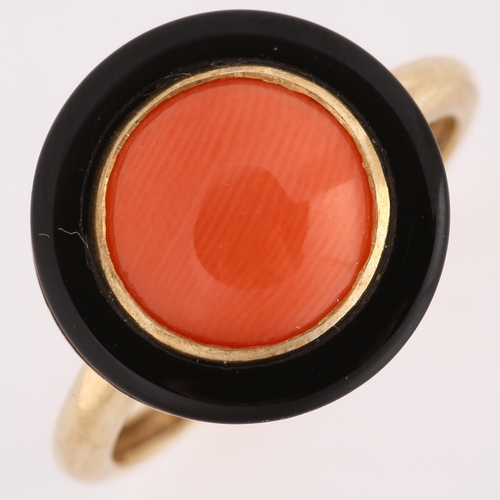 144 - A modern Victorian style 9ct gold coral and black onyx dress ring, maker's marks LSJ, hallmarks Lond... 