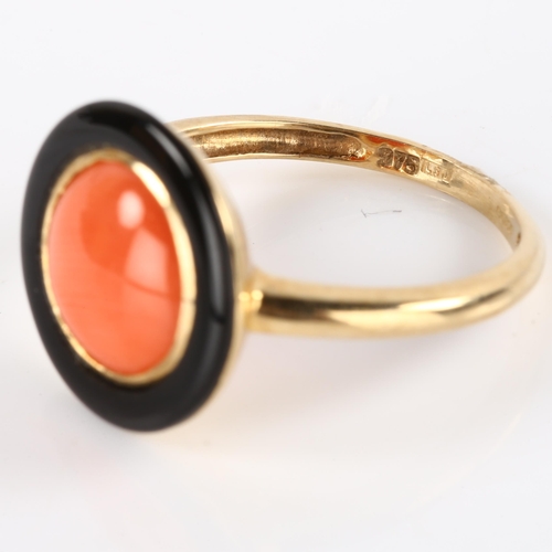 144 - A modern Victorian style 9ct gold coral and black onyx dress ring, maker's marks LSJ, hallmarks Lond... 