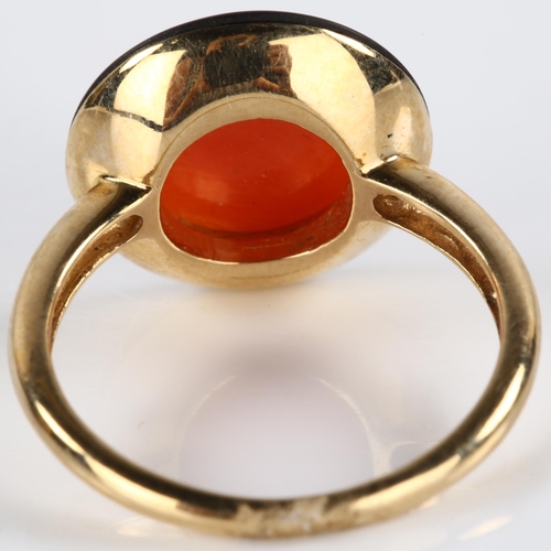 144 - A modern Victorian style 9ct gold coral and black onyx dress ring, maker's marks LSJ, hallmarks Lond... 