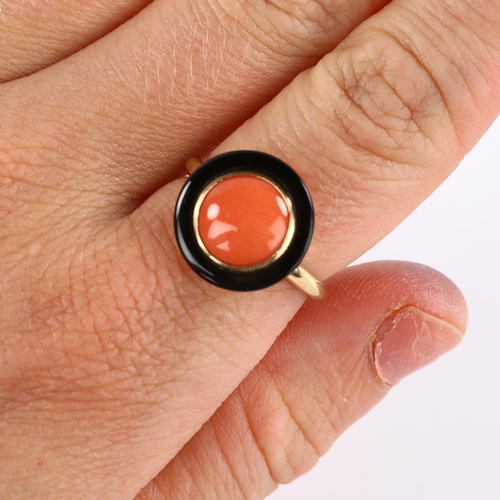 144 - A modern Victorian style 9ct gold coral and black onyx dress ring, maker's marks LSJ, hallmarks Lond... 