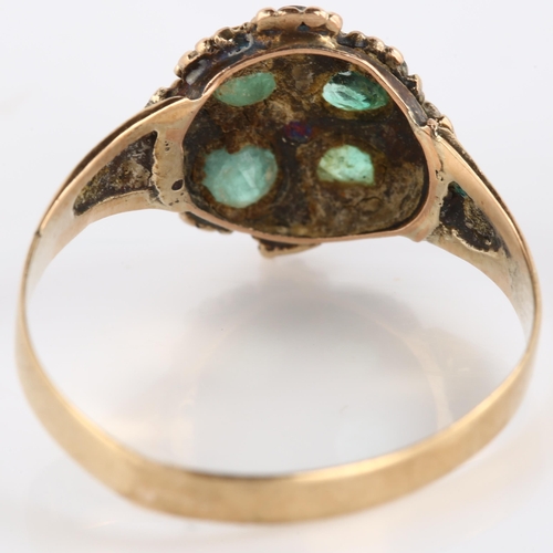 145 - A 19th century emerald and pearl quatrefoil dress ring, with engraved shoulders, unmarked gold setti... 