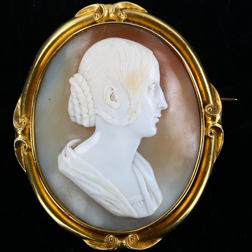 155 - A 19th century shell cameo brooch, depicting female profile with hair in large pluck under ear to br... 