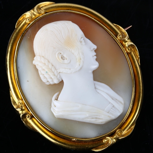 155 - A 19th century shell cameo brooch, depicting female profile with hair in large pluck under ear to br... 