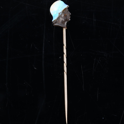 157 - A fine 19th century opal cameo stickpin, probably by Wilhelm Schmidt, unmarked gold settings, carved... 