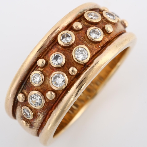 159 - A heavy 9ct rose gold diamond band ring, in the style of Elizabeth Gage, set with modern round brill... 