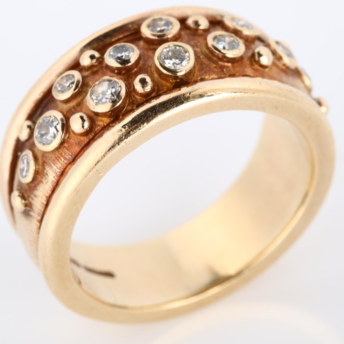 159 - A heavy 9ct rose gold diamond band ring, in the style of Elizabeth Gage, set with modern round brill... 