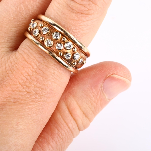 159 - A heavy 9ct rose gold diamond band ring, in the style of Elizabeth Gage, set with modern round brill... 