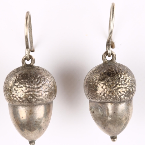 161 - A pair of Antique novelty acorn drop earrings, unmarked white metal settings with shepherd hook fitt... 