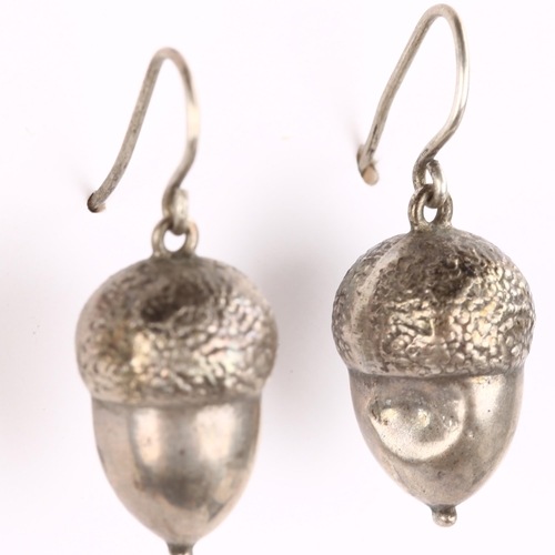 161 - A pair of Antique novelty acorn drop earrings, unmarked white metal settings with shepherd hook fitt... 