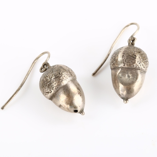 161 - A pair of Antique novelty acorn drop earrings, unmarked white metal settings with shepherd hook fitt... 