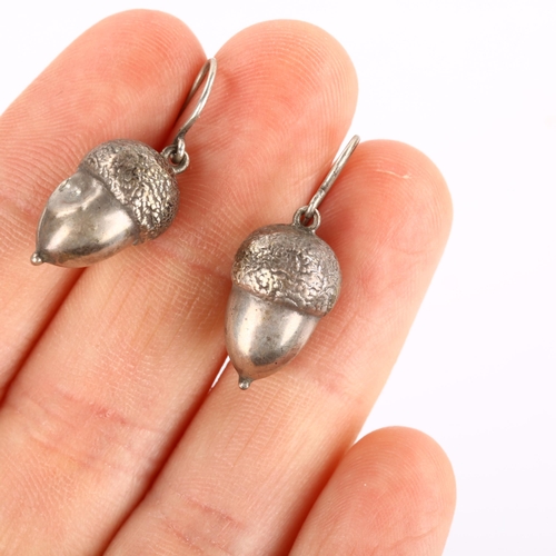 161 - A pair of Antique novelty acorn drop earrings, unmarked white metal settings with shepherd hook fitt... 