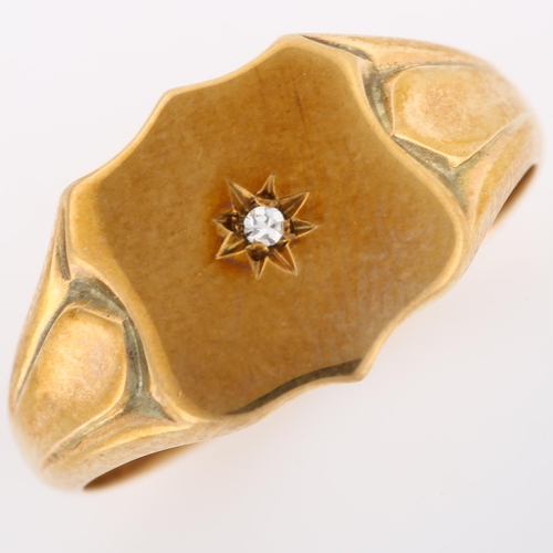 164 - A late 20th century 9ct gold diamond shield signet ring, set with single-cut diamond, maker's marks ... 