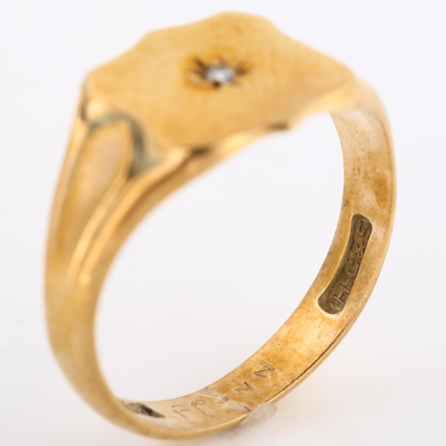 164 - A late 20th century 9ct gold diamond shield signet ring, set with single-cut diamond, maker's marks ... 