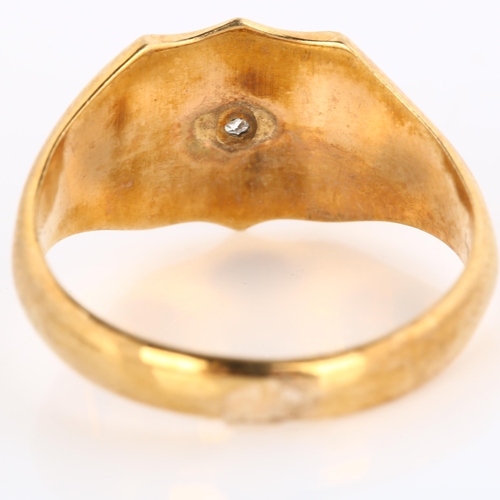 164 - A late 20th century 9ct gold diamond shield signet ring, set with single-cut diamond, maker's marks ... 