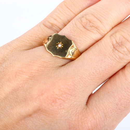 164 - A late 20th century 9ct gold diamond shield signet ring, set with single-cut diamond, maker's marks ... 