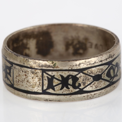 165 - A Victorian silver memorial band ring, with black enamel decoration, inscribed 