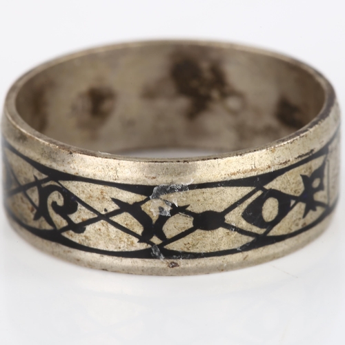 165 - A Victorian silver memorial band ring, with black enamel decoration, inscribed 