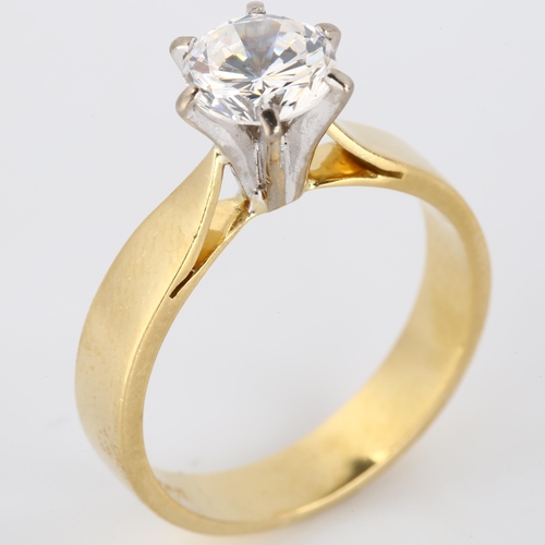 172 - An 18ct gold solitaire cubic zirconia ring, plain 6-claw setting, CZ measures 6.50mm x 4.40mm, size ... 