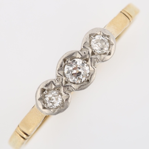 174 - WITHDRAWN - A three stone diamond ring, unmarked gold settings with old European-cut diamonds, total... 