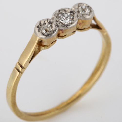 174 - WITHDRAWN - A three stone diamond ring, unmarked gold settings with old European-cut diamonds, total... 