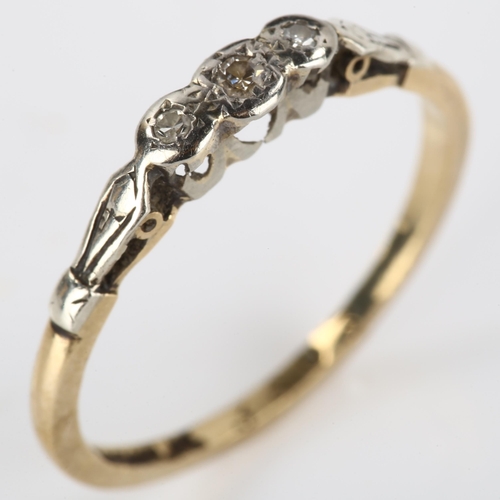 180 - A 9ct gold three stone diamond ring, set with single-cut diamonds, setting height 2.9mm, size M, 1.2... 