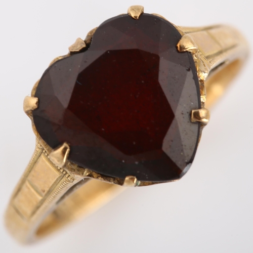 187 - An Antique 9ct gold garnet heart dress ring, set with heart-cut garnet, setting height 10.3mm, size ... 