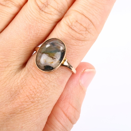 197 - An Antique 9ct rose gold moss agate dress ring, set with oval cabochon agate, setting height 16.4mm,... 