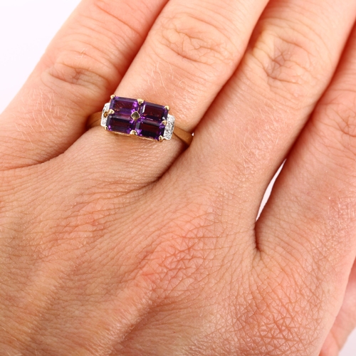 199 - A modern 9ct gold amethyst and diamond dress ring, set with rectangular step-cut amethysts and moder... 