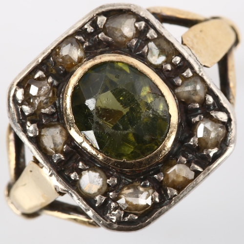 202 - An Antique green stone and diamond cluster ring, unmarked gold and silver settings with oval mixed-c... 