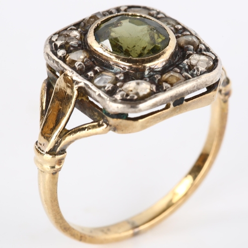 202 - An Antique green stone and diamond cluster ring, unmarked gold and silver settings with oval mixed-c... 