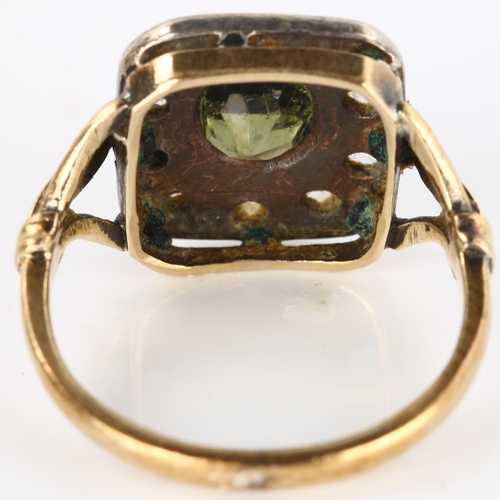 202 - An Antique green stone and diamond cluster ring, unmarked gold and silver settings with oval mixed-c... 