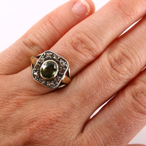 202 - An Antique green stone and diamond cluster ring, unmarked gold and silver settings with oval mixed-c... 