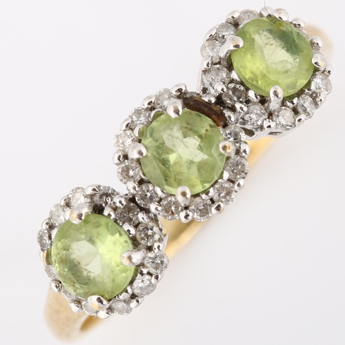 204 - A modern 9ct gold peridot and diamond triple cluster ring, set with round-cut peridot and modern rou... 