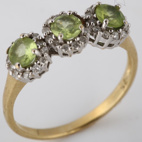 204 - A modern 9ct gold peridot and diamond triple cluster ring, set with round-cut peridot and modern rou... 