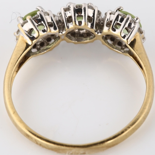 204 - A modern 9ct gold peridot and diamond triple cluster ring, set with round-cut peridot and modern rou... 